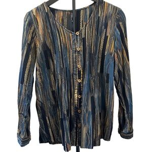 Ethyl Celine Navy & Gold Button Up Blouse Women’s Medium | Long Sleeve Rayon Top